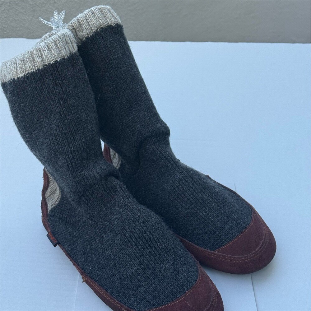 Acorn Slouch Boot Slippers Men's Size 9-10 Gray Slip-On Ribbed Cuff